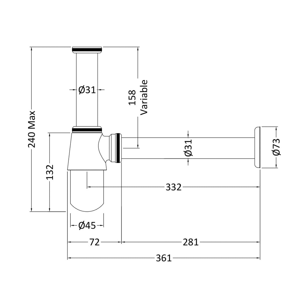 Nuie Basin Accessories Bottle Trap Contemporary Chrome Brass 263x77x77mm - JJ Building Materials