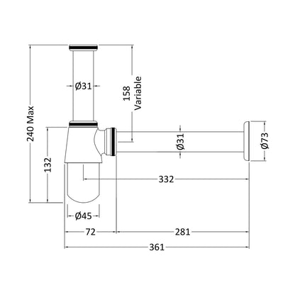 Nuie Basin Accessories Bottle Trap Contemporary Chrome Brass 263x77x77mm - JJ Building Materials
