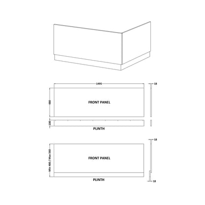 Nuie Bath Panels Straight Front Panel & Plinth (1500mm) Contemporary Gloss White MDF Painted Gloss 580x1495x36mm - JJ Building Materials