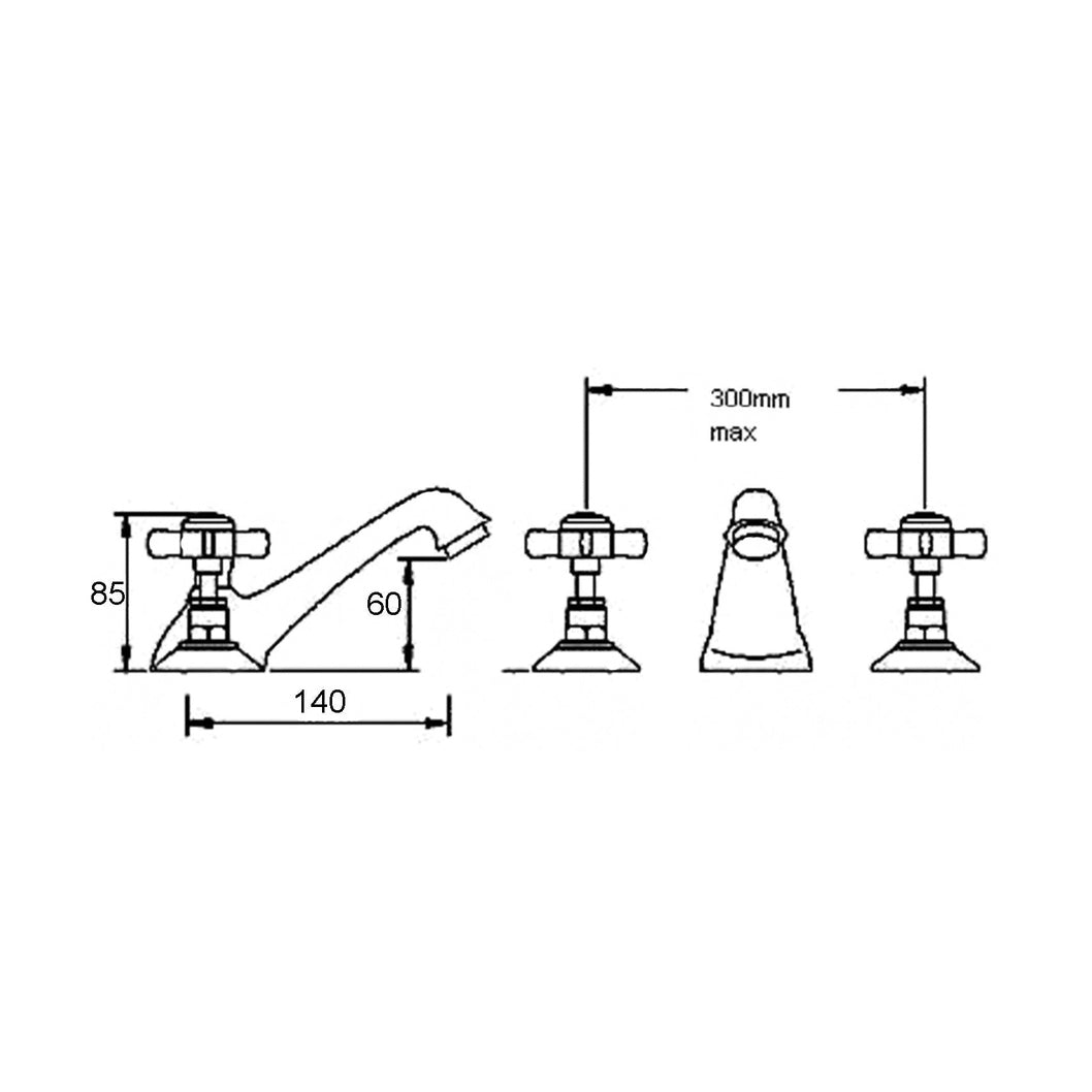 Nuie Beaumont 3 Tap Hole Basin Mixer Traditional Chrome Brass 85x50x165mm - JJ Building Materials