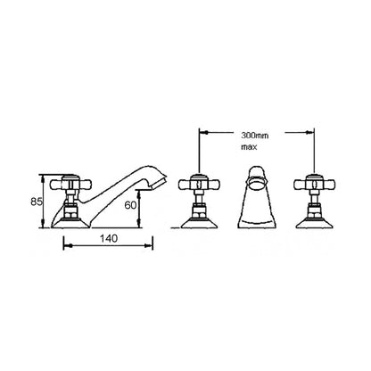 Nuie Beaumont 3 Tap Hole Basin Mixer Traditional Chrome Brass 85x50x165mm - JJ Building Materials