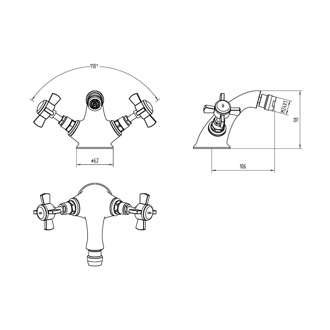 Nuie Beaumont Luxury Mono Bidet Mixer Traditional Chrome Brass 95x50x135mm - JJ Building Materials