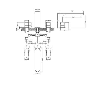 Nuie Binsey Deck Mounted 3 Tap Hole Bath Filler Contemporary Chrome Brass 135x245x217mm - JJ Building Materials