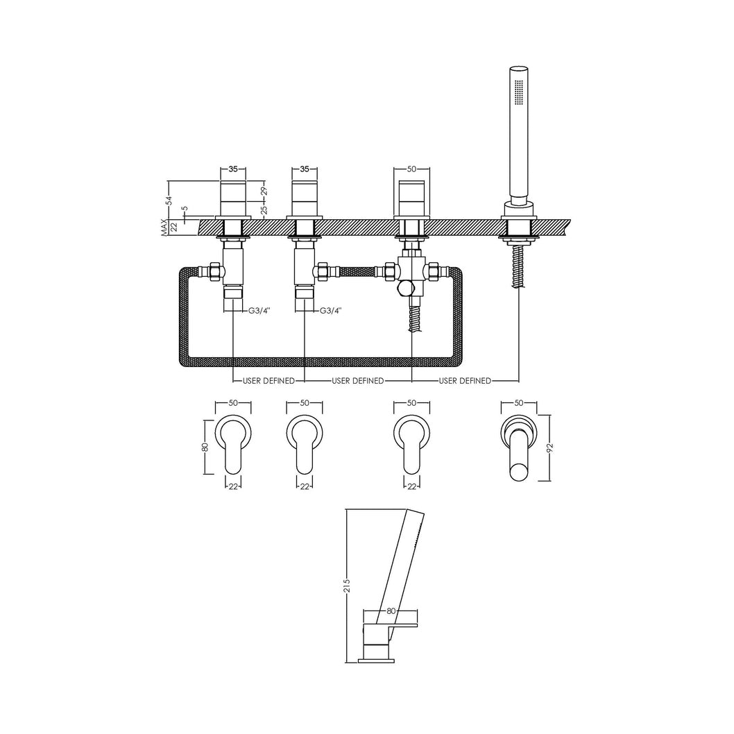 Nuie Binsey Deck Mounted 4 Tap Hole Bath Shower Mixer No Spout Contemporary Chrome Brass,brass ABS 54x435x80mm - JJ Building Materials