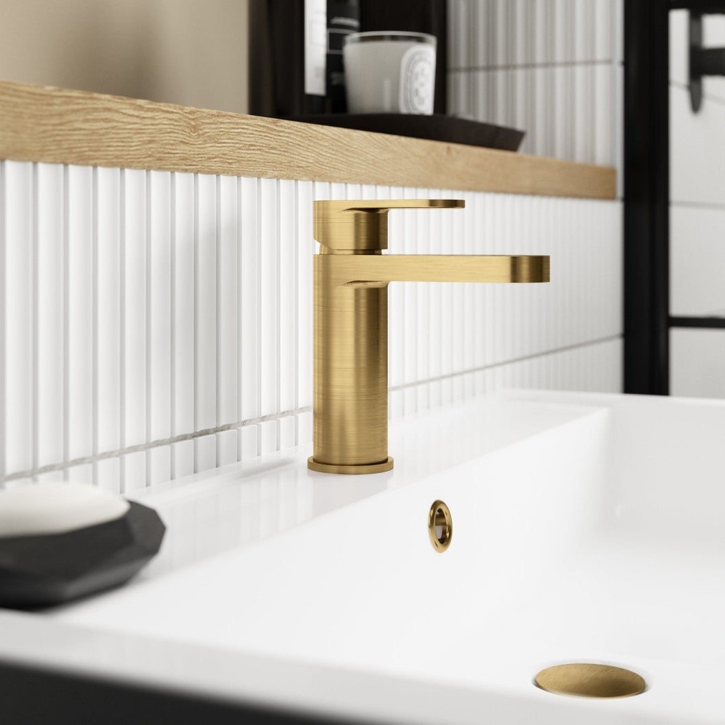 Nuie Binsey Mono Basin Mixer With Push Button Waste Contemporary Brushed Brass Brass 160x52x147mm - JJ Building Materials
