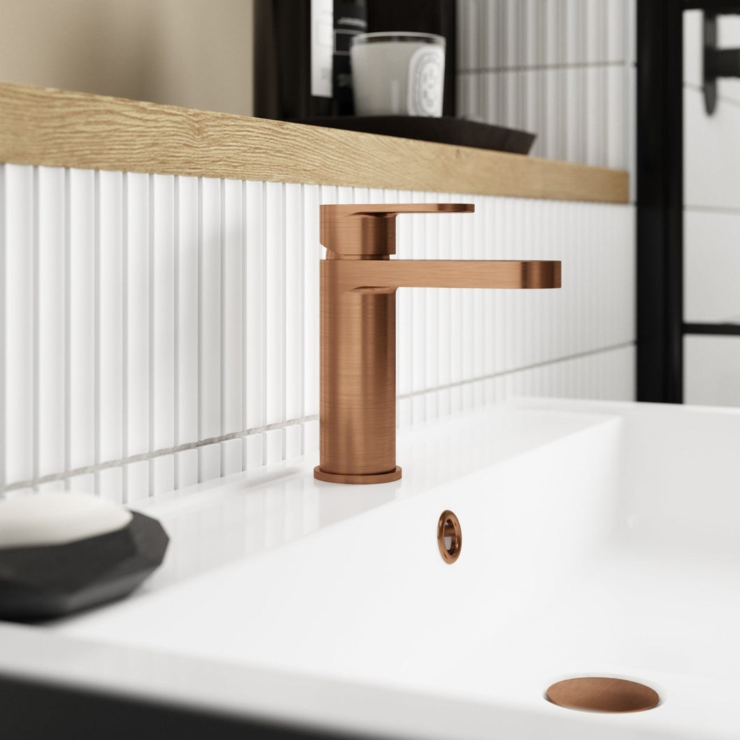 Nuie Binsey Mono Basin Mixer With Push Button Waste Contemporary Brushed Bronze Brass 160x52x147mm - JJ Building Materials