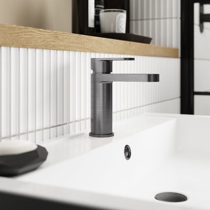 Nuie Binsey Mono Basin Mixer With Push Button Waste Contemporary Brushed Pewter Brass 160x52x147mm - JJ Building Materials