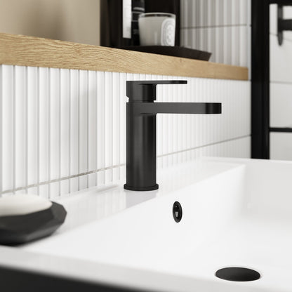 Nuie Binsey Mono Basin Mixer With Push Button Waste Contemporary Matt Black Brass 160x52x147mm - JJ Building Materials