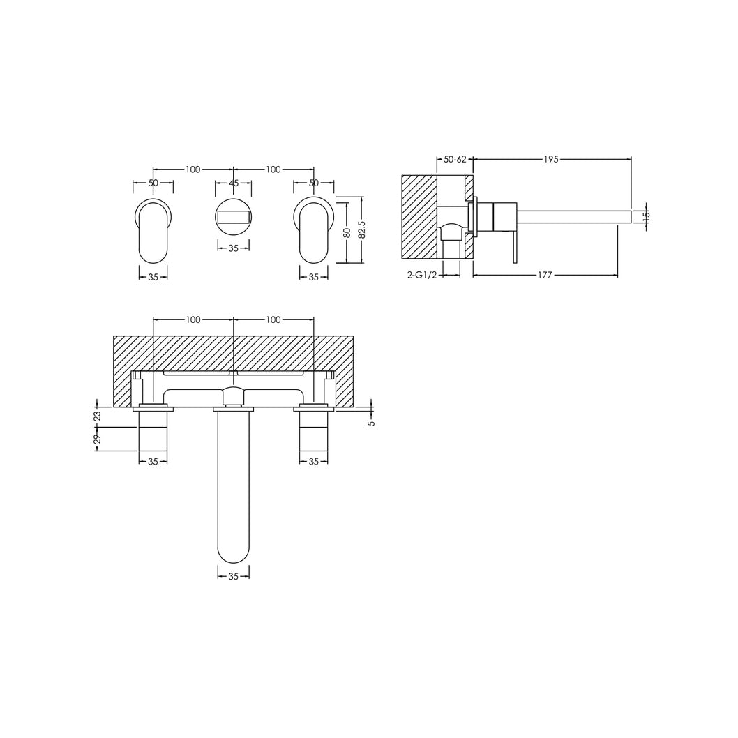 Nuie Binsey Wall Mounted 3 Tap Hole Basin Mixer Contemporary Chrome Brass 75x245x195mm - JJ Building Materials