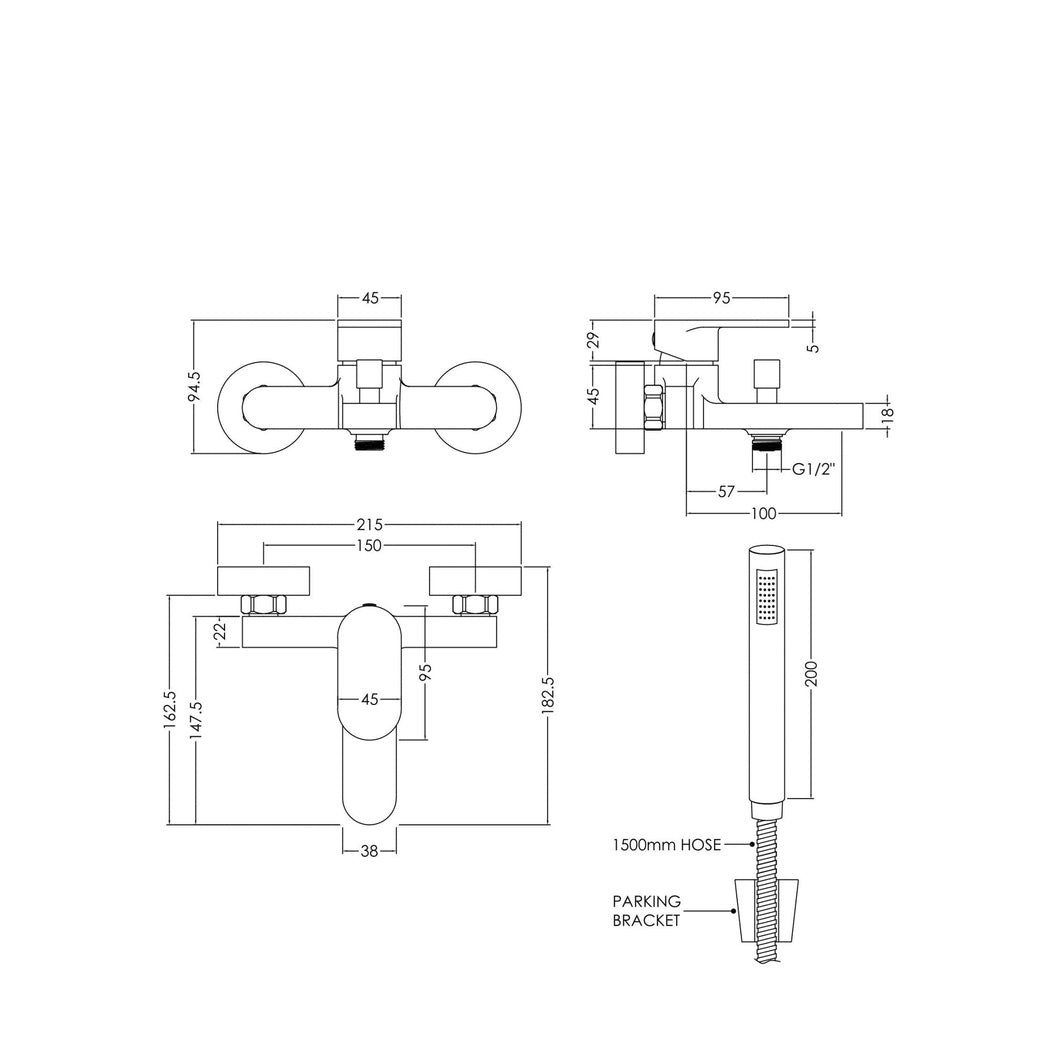 Nuie Binsey Wall Mounted Bath Shower Mixer With Kit Contemporary Chrome Brass ABS,plastic 77x180x147mm - JJ Building Materials