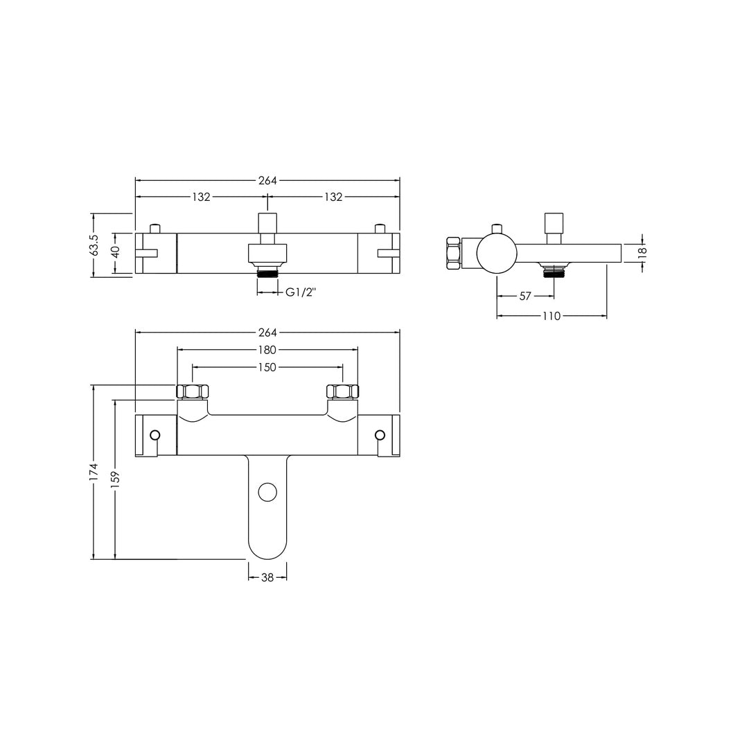 Nuie Binsey Wall Mounted Thermostatic Bath Shower Mixer Contemporary Chrome Brass,brass ABS 50x264x159mm - JJ Building Materials