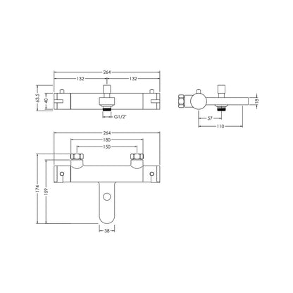 Nuie Binsey Wall Mounted Thermostatic Bath Shower Mixer Contemporary Chrome Brass,brass ABS 50x264x159mm - JJ Building Materials