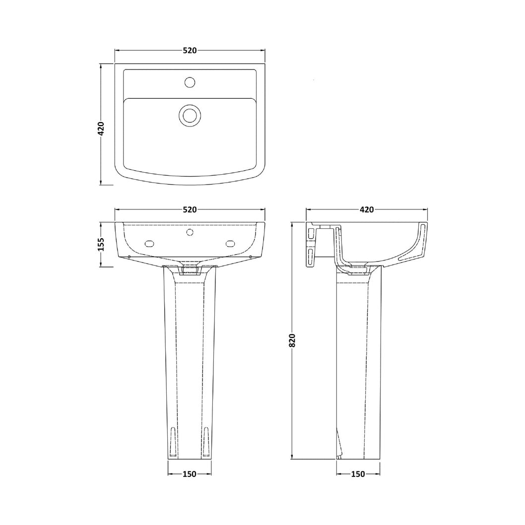 Nuie Bliss 520mm Basin & Pedestal Contemporary White Vitreous China 820x520x420mm - JJ Building Materials