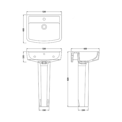 Nuie Bliss 520mm Basin & Pedestal Contemporary White Vitreous China 820x520x420mm - JJ Building Materials