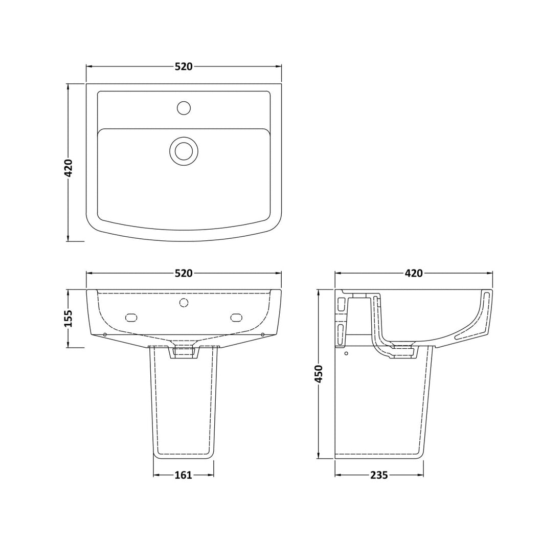 Nuie Bliss 520mm Basin & Semi Pedestal Contemporary White Vitreous China 450x520x420mm - JJ Building Materials