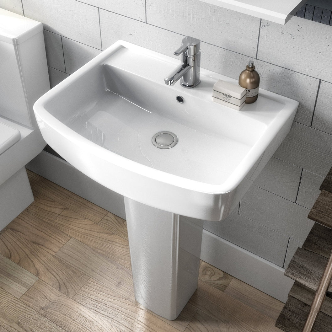 Nuie Bliss 520mm Basin & Semi Pedestal Contemporary White Vitreous China 450x520x420mm - JJ Building Materials