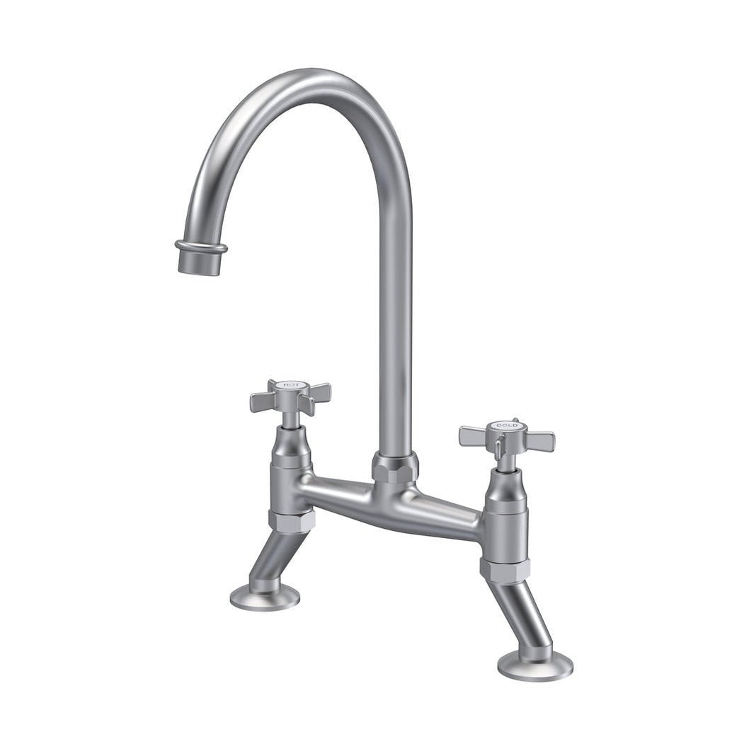 Nuie Bridge Sink Mixer Crosshead Traditional Brushed Nickel Brass 510x235x200mm - JJ Building Materials
