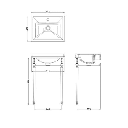 Nuie Carlton 500mm 1th Basin With Traditional Stand White Vitreous China 816x531x442mm - JJ Building Materials