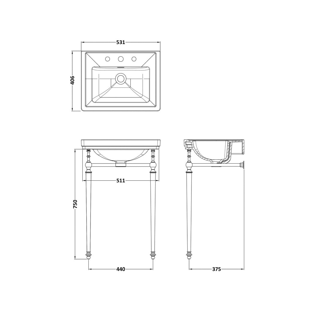 Nuie Carlton 500mm 3th Basin With Traditional Stand White Vitreous China 816x531x442mm - JJ Building Materials