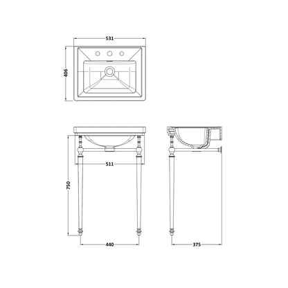 Nuie Carlton 500mm 3th Basin With Traditional Stand White Vitreous China 816x531x442mm - JJ Building Materials