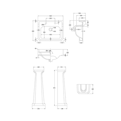 Nuie Carlton 560mm Basin & Pedestal (2 Tap Hole) Traditional White Vitreous China 905x595x470mm - JJ Building Materials