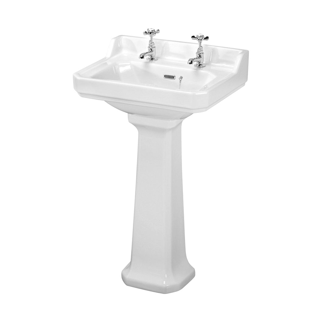 Nuie Carlton 560mm Basin & Pedestal (2 Tap Hole) Traditional White Vitreous China 905x595x470mm - JJ Building Materials