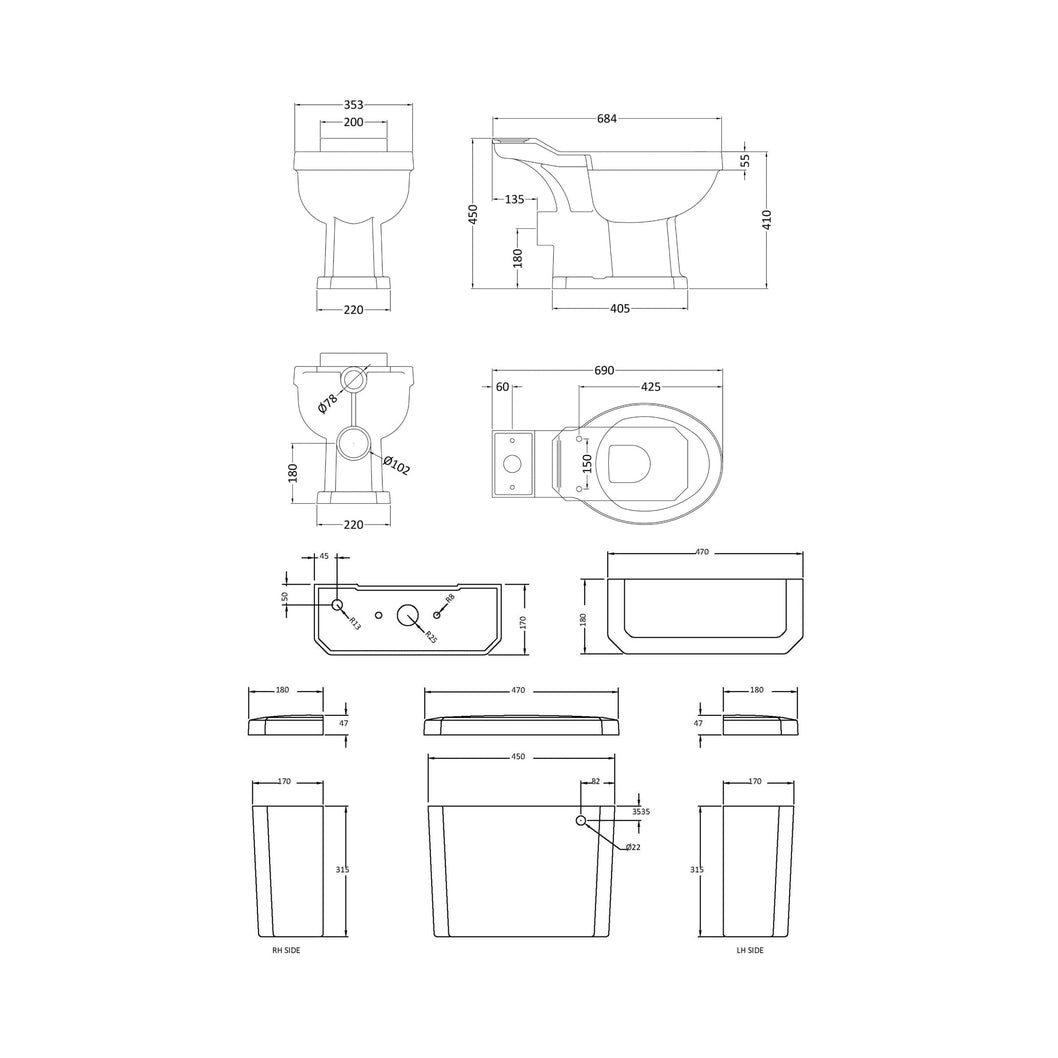 Nuie Carlton Close Coupled Pan Cistern & Seat Traditional White Vitreous China 820x470x690mm - JJ Building Materials