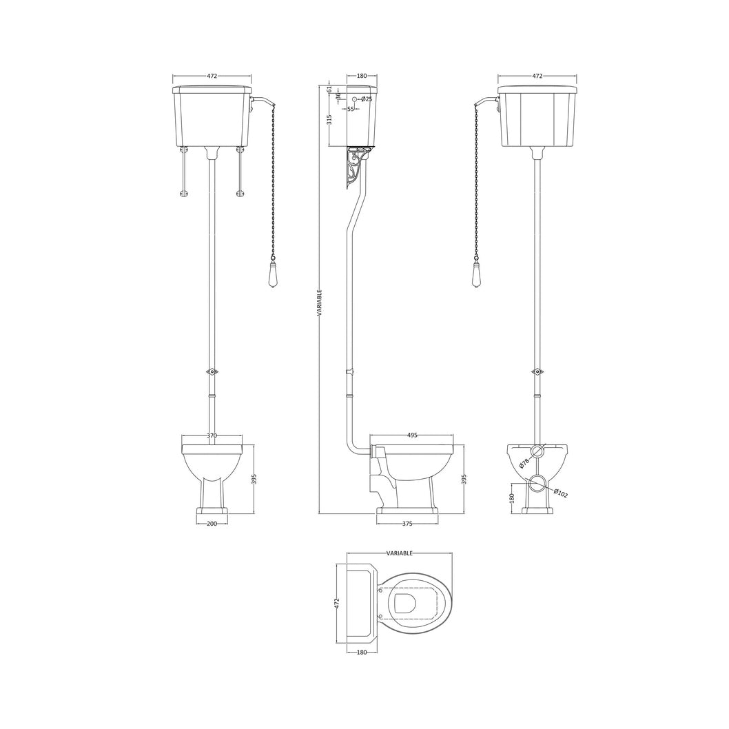Nuie Carlton High Level Pan, Cistern & Flush Pipe Kit Traditional White Vitreous China 2140x465x625mm - JJ Building Materials