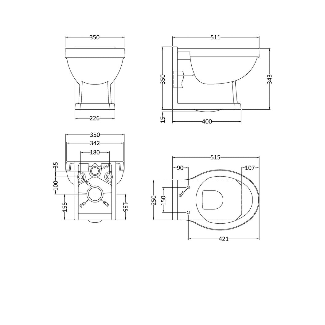 Nuie Carlton Wall Hung Pan Contemporary Matt White Vitreous China 360x352x518mm - JJ Building Materials