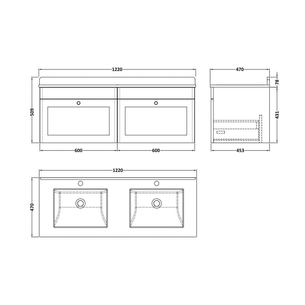 Nuie Classique 1200mm Wall Hung 2 Drawer Vanity & Marble Top Traditional Satin Green MFC Painted Matt 445x1220x463mm - CLC894WS2 - JJ Building Materials
