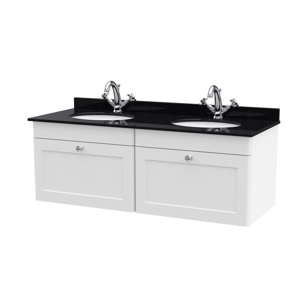 Nuie Classique 1200mm Wall Hung 2 Drawer Vanity & Marble Top Traditional Satin White MFC Painted Matt 445x1220x463mm - CLC194BR2 - JJ Building Materials