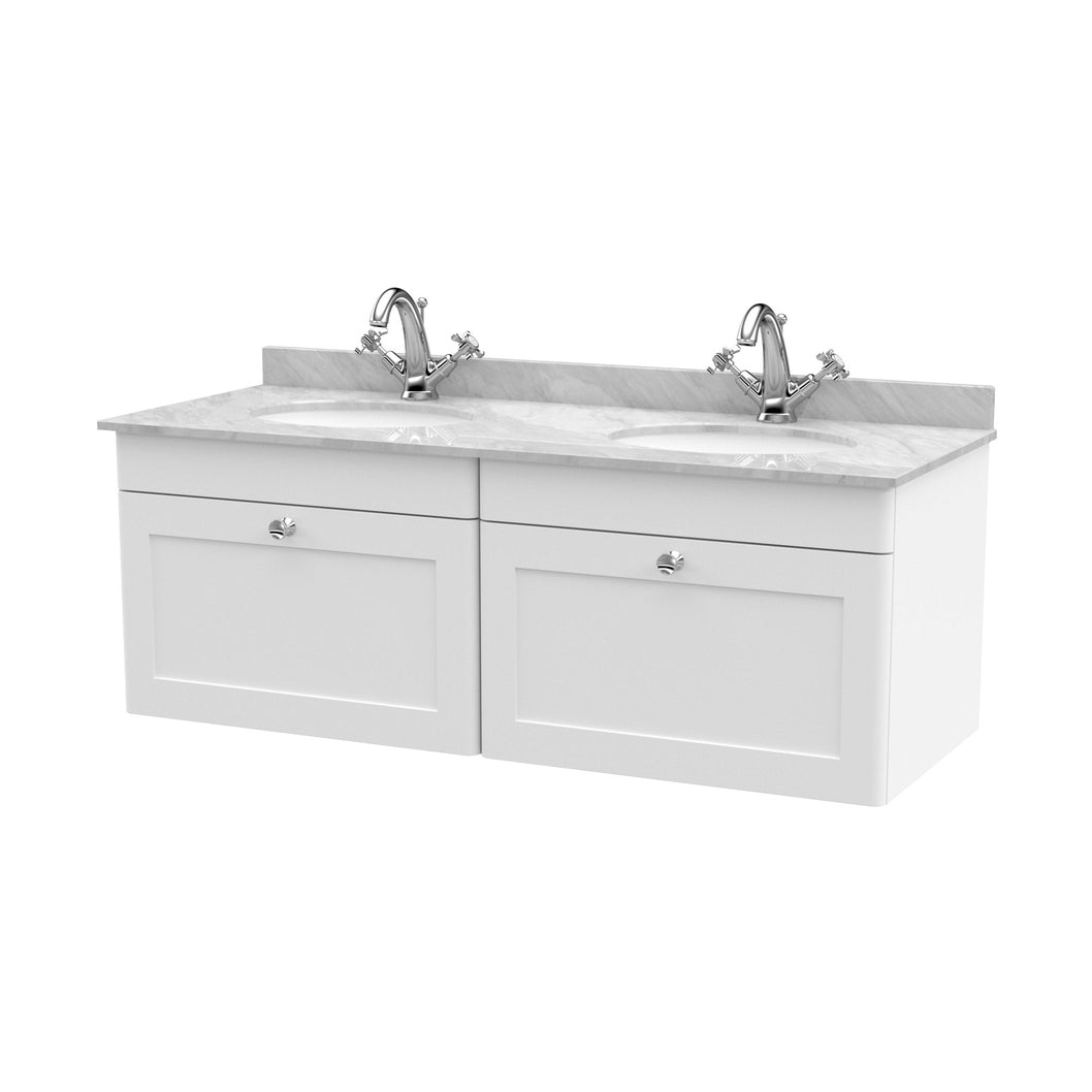 Nuie Classique 1200mm Wall Hung 2 Drawer Vanity & Marble Top Traditional Satin White MFC Painted Matt 445x1220x463mm - CLC194GR2 - JJ Building Materials