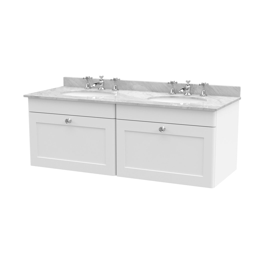 Nuie Classique 1200mm Wall Hung 2 Drawer Vanity & Marble Top Traditional Satin White MFC Painted Matt 445x1220x463mm - CLC194GR6 - JJ Building Materials