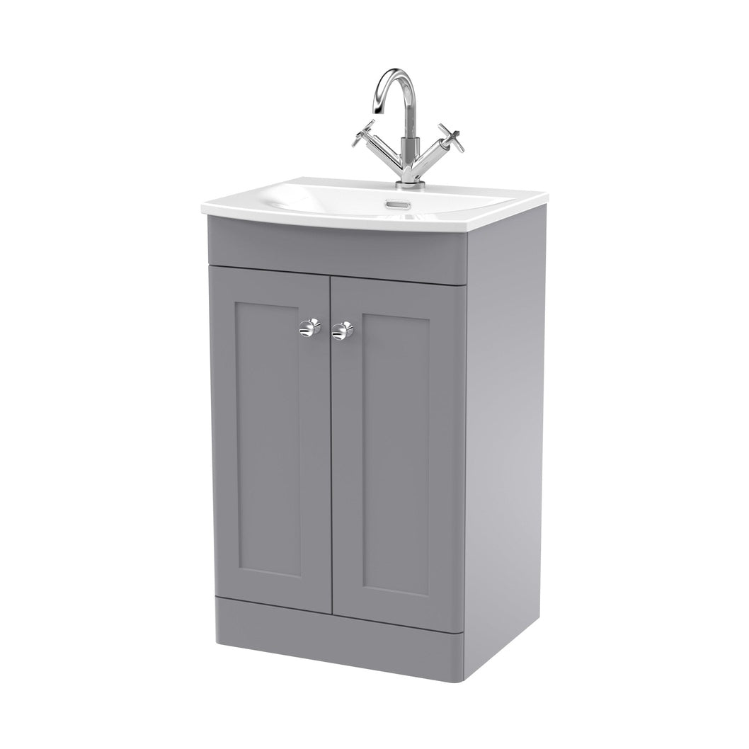 Nuie Classique 500mm Floor Standing 2-door Unit & Curved Basin Traditional Satin Grey MFC Painted Matt 830x510x440mm - JJ Building Materials