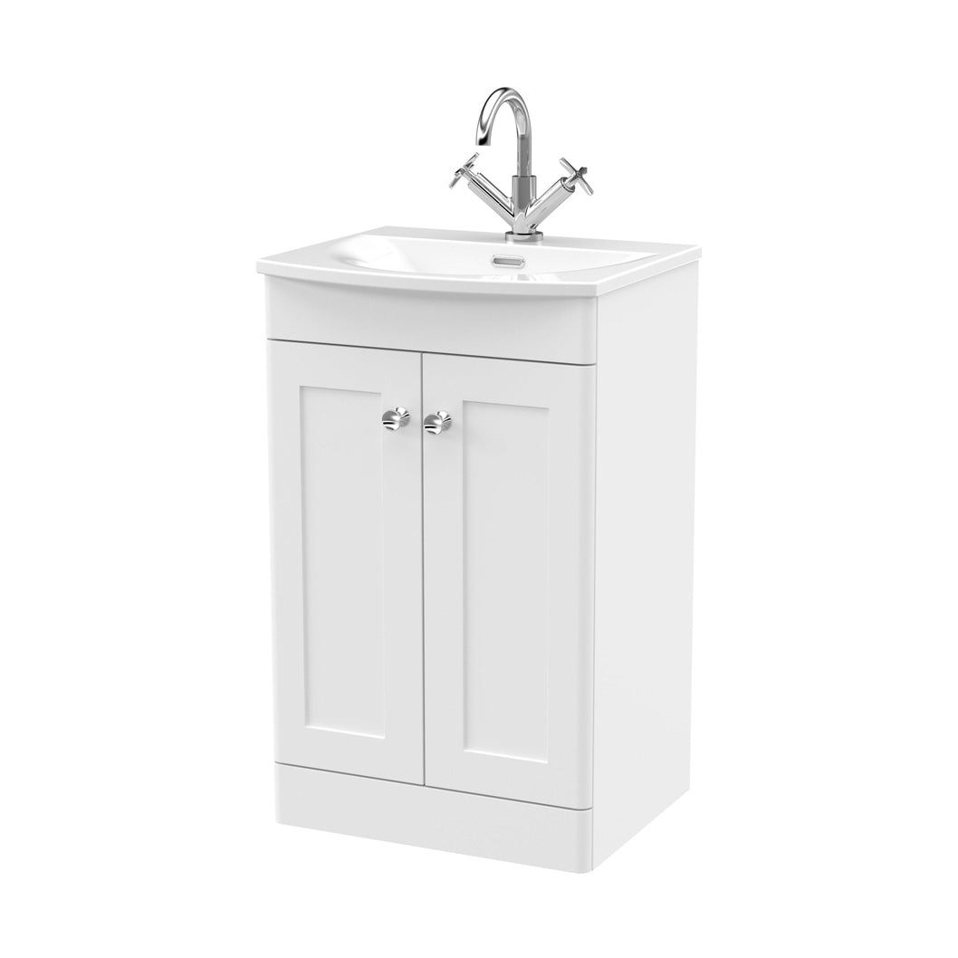 Nuie Classique 500mm Floor Standing 2-door Unit & Curved Basin Traditional Satin White MFC Painted Matt 830x510x440mm - JJ Building Materials