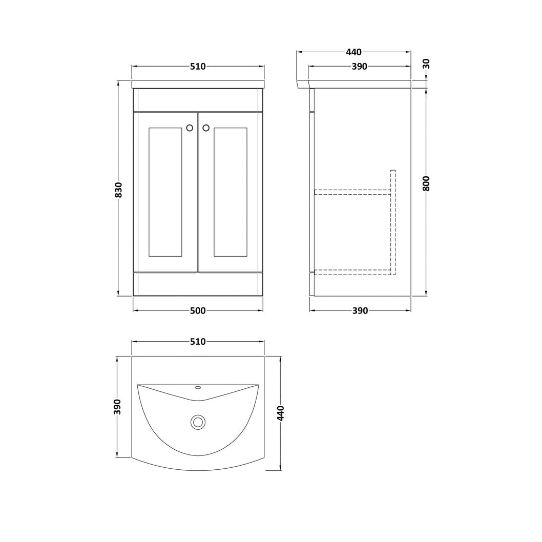 Nuie Classique 500mm Floor Standing 2-door Unit & Curved Basin Traditional Soft Black MFC Painted Matt 830x510x440mm - JJ Building Materials