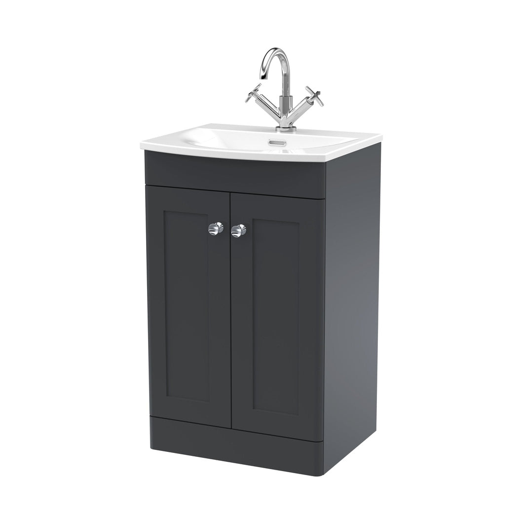 Nuie Classique 500mm Floor Standing 2-door Unit & Curved Basin Traditional Soft Black MFC Painted Matt 830x510x440mm - JJ Building Materials