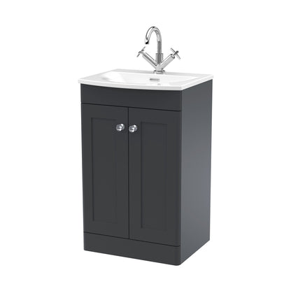 Nuie Classique 500mm Floor Standing 2-door Unit & Curved Basin Traditional Soft Black MFC Painted Matt 830x510x440mm - JJ Building Materials