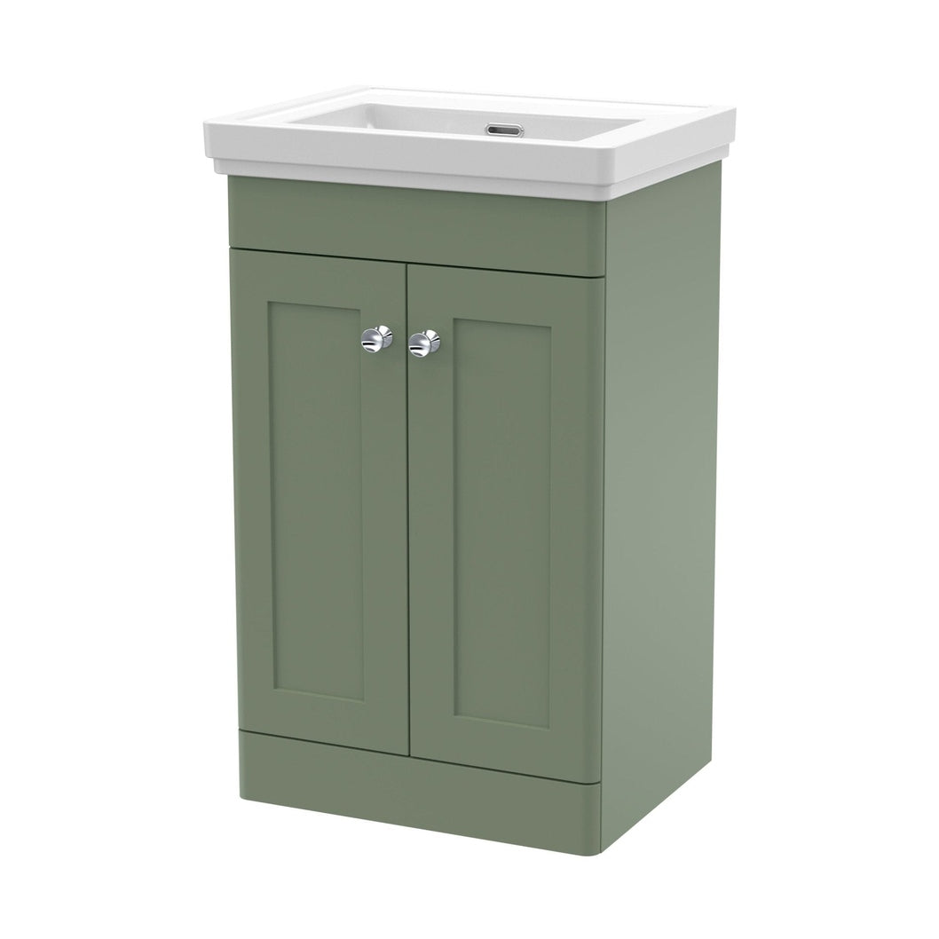 Nuie Classique 500mm Floor Standing 2 Door Vanity & Basin 0th Traditional Satin Green MFC Painted Matt 820x531x406mm - JJ Building Materials