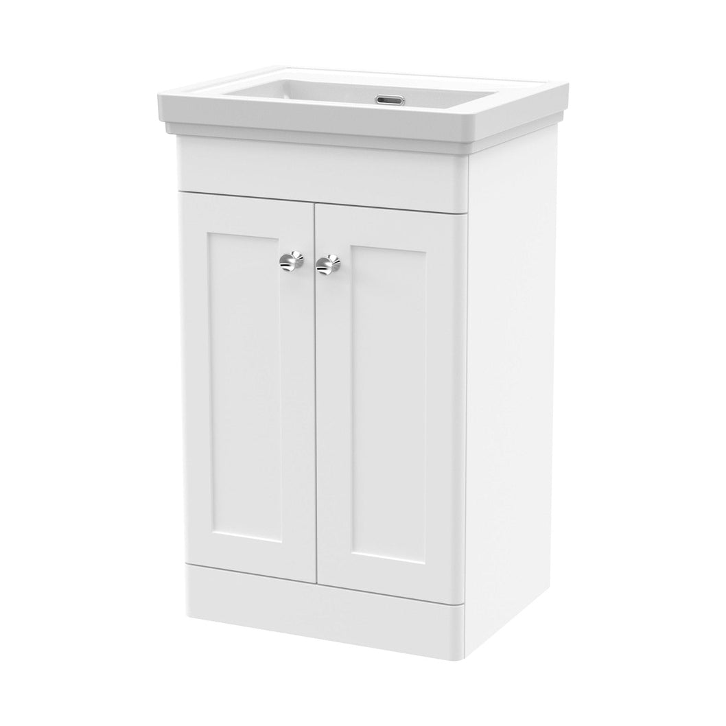 Nuie Classique 500mm Floor Standing 2 Door Vanity & Basin 0th Traditional Satin White MFC Painted Matt 820x531x406mm - JJ Building Materials