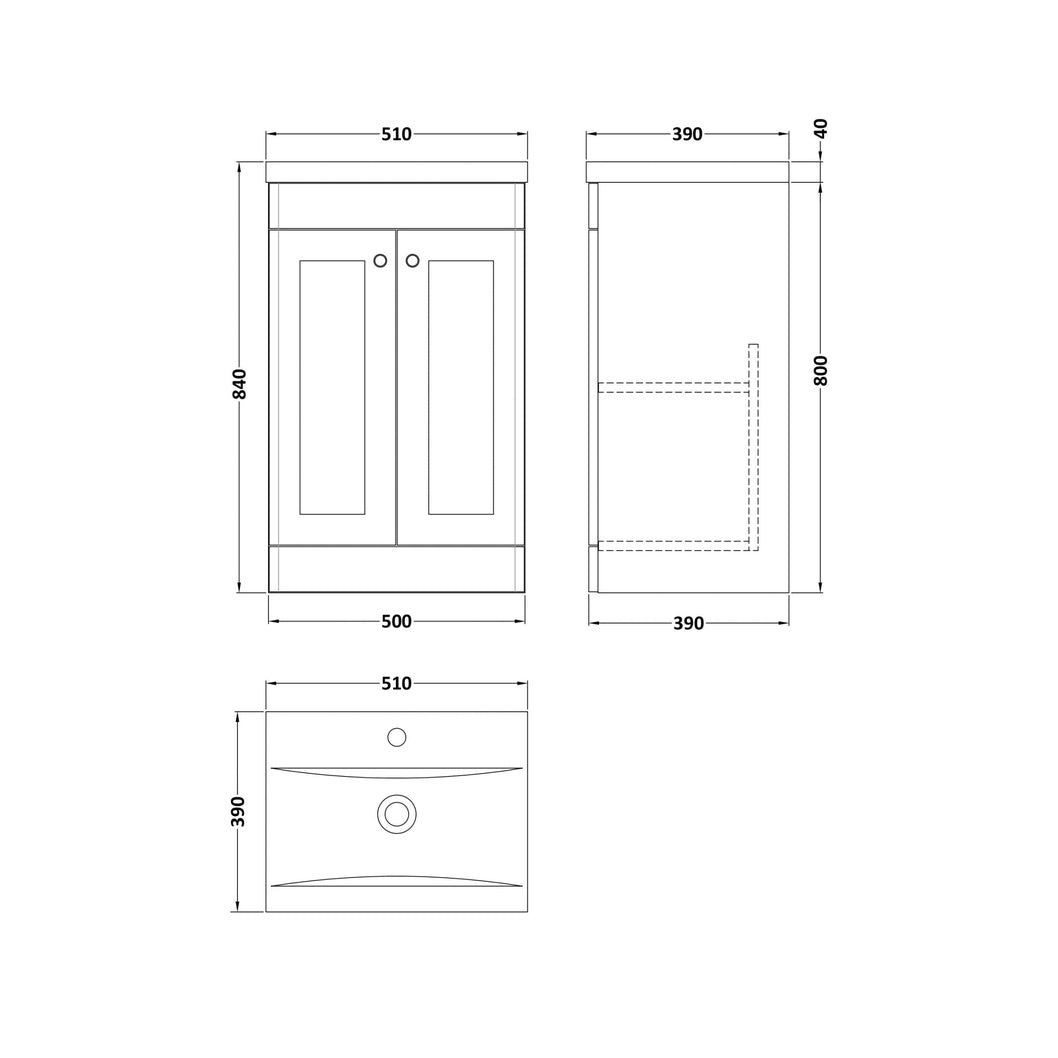 Nuie Classique 500mm Floor Standing 2 Door Vanity & Basin 1 Traditional Satin White MFC Painted Matt 840x510x390mm - JJ Building Materials