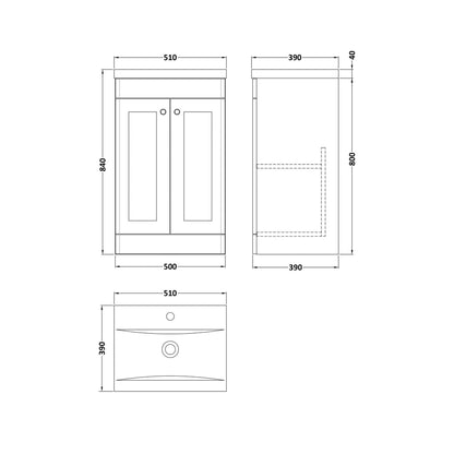 Nuie Classique 500mm Floor Standing 2 Door Vanity & Basin 1 Traditional Satin White MFC Painted Matt 840x510x390mm - JJ Building Materials