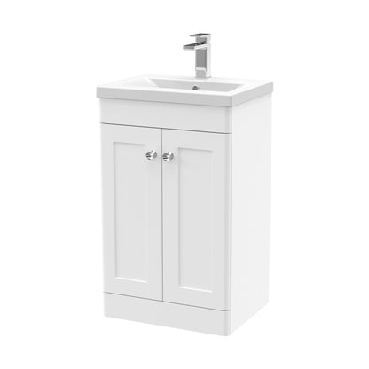 Nuie Classique 500mm Floor Standing 2 Door Vanity & Basin 1 Traditional Satin White MFC Painted Matt 840x510x390mm - JJ Building Materials