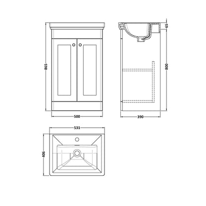Nuie Classique 500mm Floor Standing 2-door Vanity & Basin 1th Traditional Satin White MFC Painted Matt 865x531x406mm - JJ Building Materials