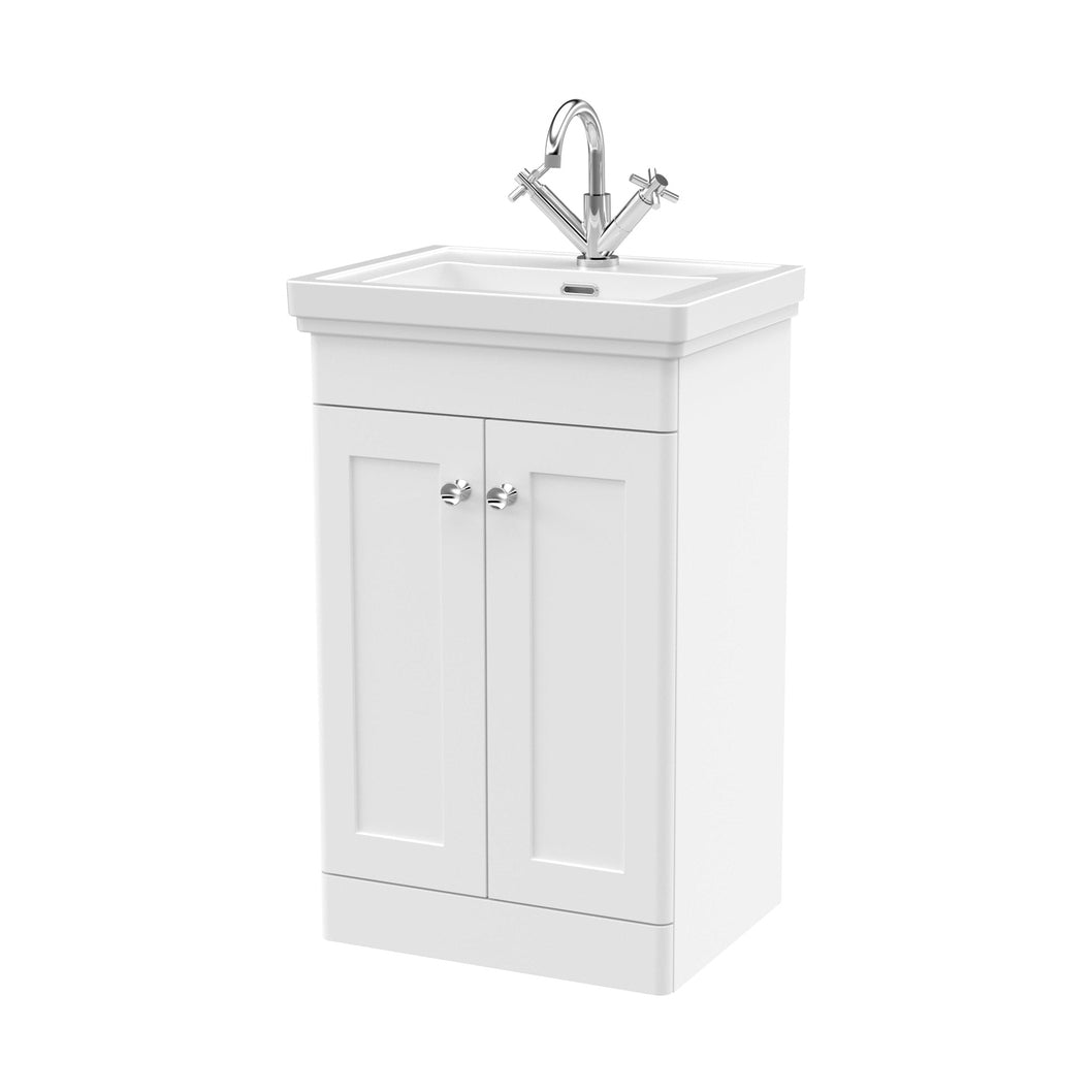 Nuie Classique 500mm Floor Standing 2-door Vanity & Basin 1th Traditional Satin White MFC Painted Matt 865x531x406mm - JJ Building Materials