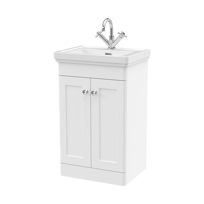Nuie Classique 500mm Floor Standing 2-door Vanity & Basin 1th Traditional Satin White MFC Painted Matt 865x531x406mm - JJ Building Materials