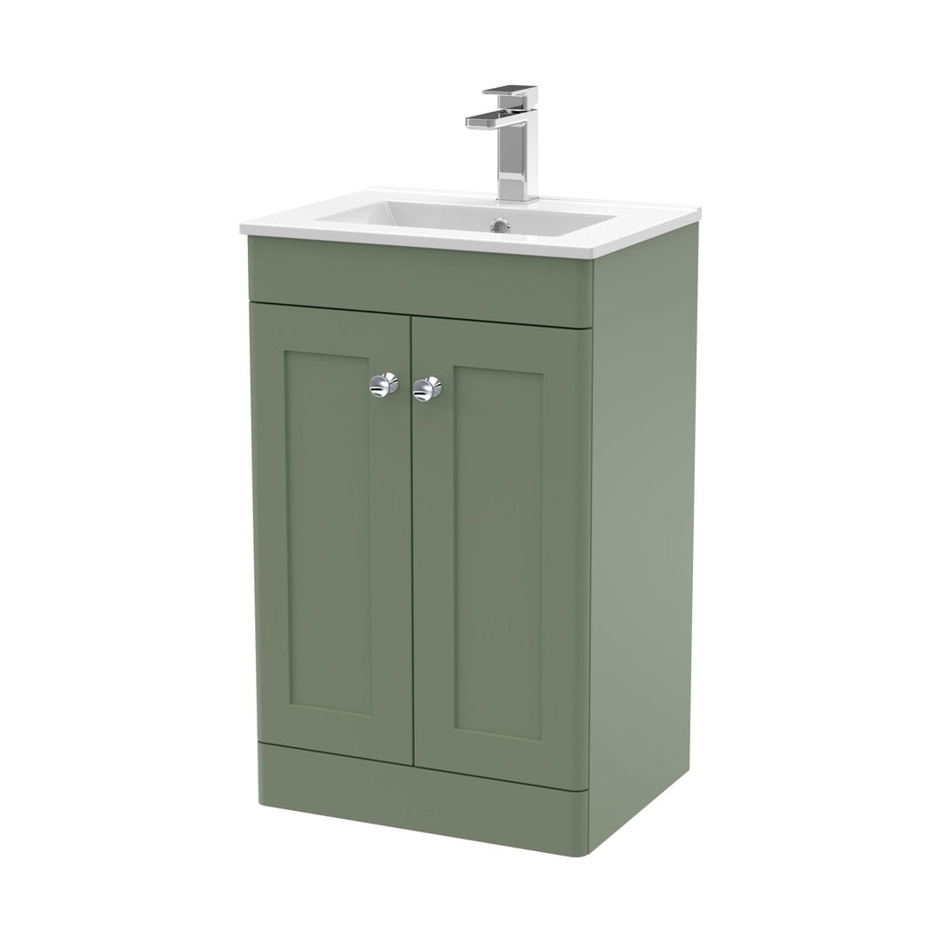 Nuie Classique 500mm Floor Standing 2 Door Vanity & Basin 2 Traditional Satin Green MFC Painted Matt 818x500x390mm - JJ Building Materials