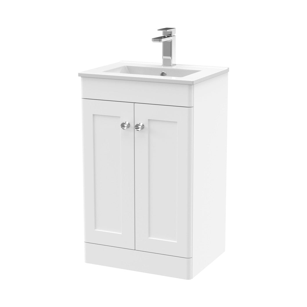 Nuie Classique 500mm Floor Standing 2 Door Vanity & Basin 2 Traditional Satin White MFC Painted Matt 818x500x390mm - JJ Building Materials