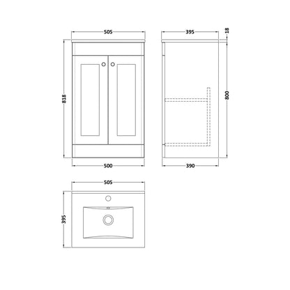 Nuie Classique 500mm Floor Standing 2 Door Vanity & Basin 2 Traditional Soft Black MFC Painted Matt 818x500x390mm - JJ Building Materials