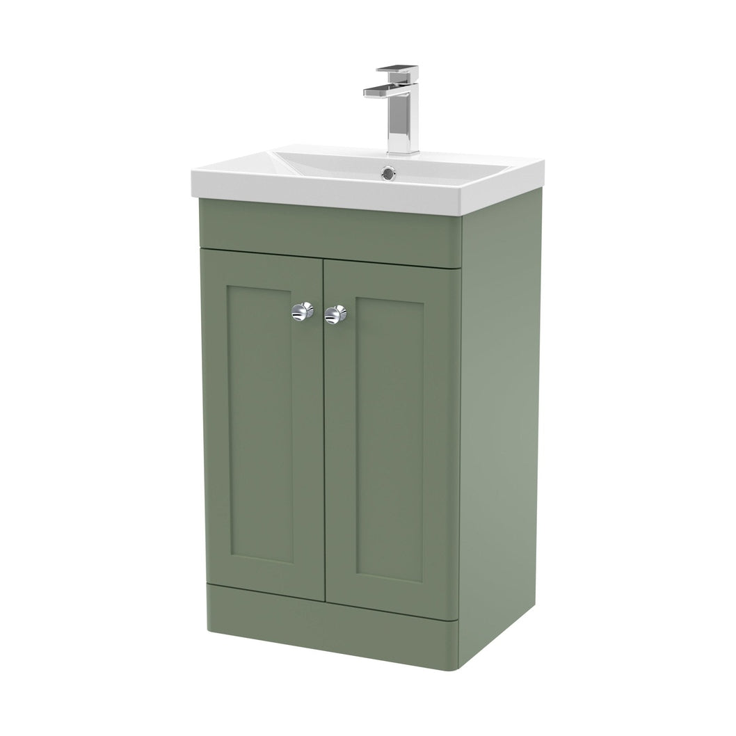 Nuie Classique 500mm Floor Standing 2 Door Vanity & Basin 3 Traditional Satin Green MFC Painted Matt 850x510x395mm - JJ Building Materials